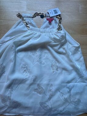 GUESS Girls White Floral Halter Top with Gold Chain Straps